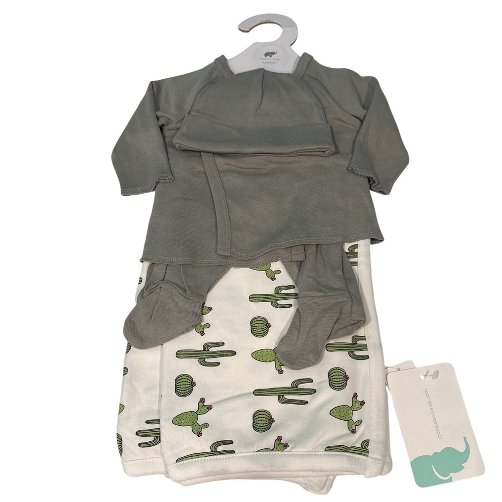 Monica + Andy Organic Cuddle Box 4pc Newborn Set Grey Cactus 0-3M NWT